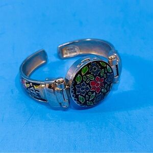 Geneva Cuff Watch Flip Top Silver Floral Enamel